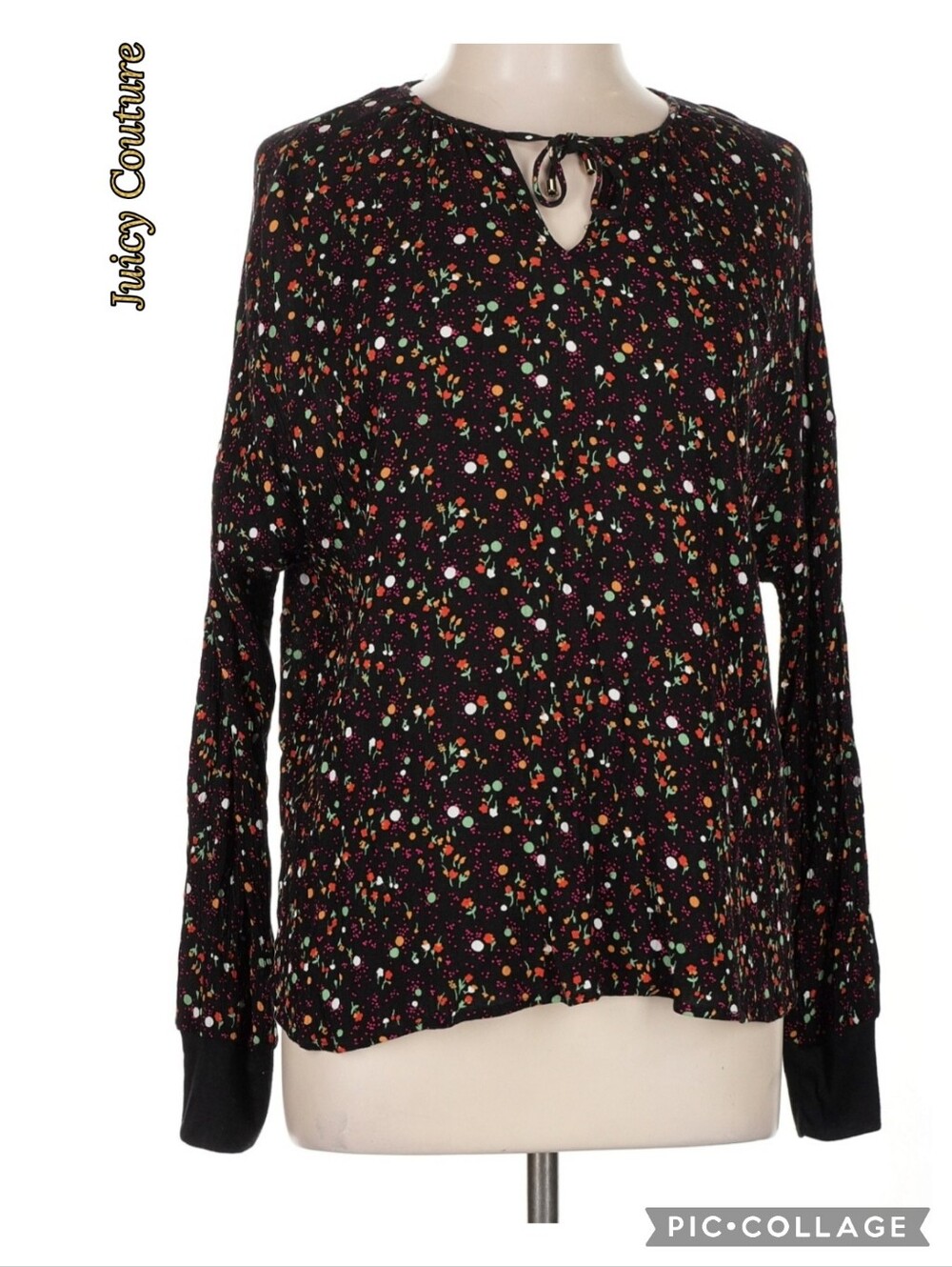 Juicy Couture blouse tie-front gold tone tips rayon black floral knit cuffs